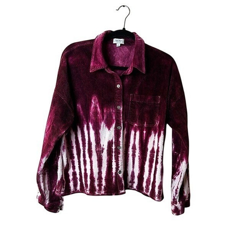 Womens XL Shacket Burgundy‎ Tie Dye Corduroy Button Down Shirt Artsy Grunge